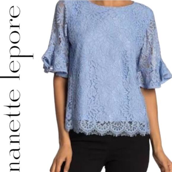 NANETTE LEPORE- SPRING FLING TOP IN SKY BLUE LACEY BELL SLEEVE CLASSY BLOUSE XS - Picture 1 of 14